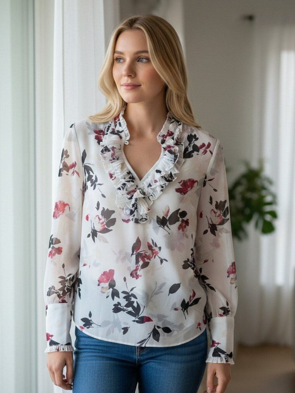 WHITE HOUSE BLACK MARKET Floral Ruffle Blouse Womens Size 0 Long Sleeve 100% Pol